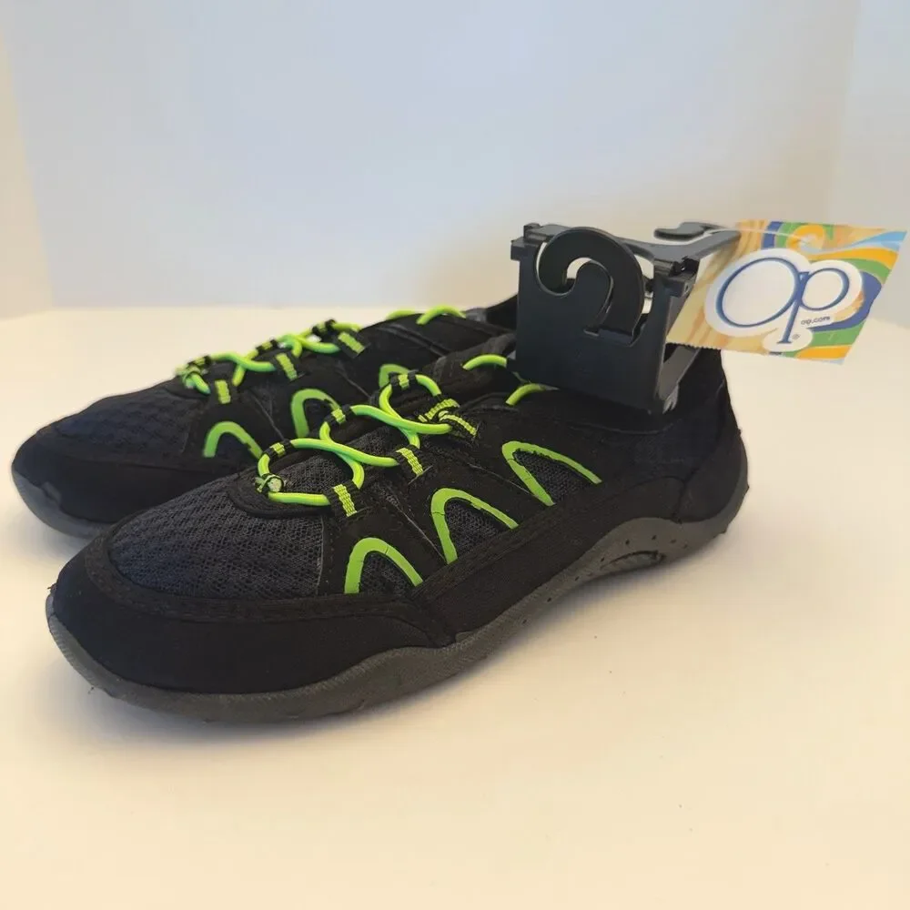 OP Boys Aqua Sock Water Shoes Black Neon Green Size M 13/1 Beach Pool